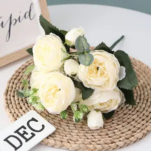 ช่อดอกกุหลาบสีชมพูจำนวน30ซม.,ดอกโบตั๋นประดิษฐ์5ดอกใหญ่และดอกตูม4ดอกสำหรับตกแต่งบ้านงานแต่งงานในร่ม