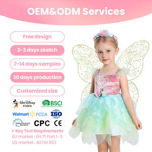 Ensemble de costume de fée rose et vert pour enfants, corsage en velours, jupe en tulle avec ailes, bandeau, service OEM ODM, conception gratuite, approvisionnement en gros - Product Image 1