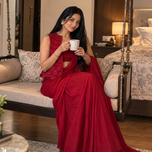 Sari en soie georgette rouge à sequins Shivam Hub, longueur ras du sol, séchage rapide, style Bollywood, avec blouse, pour mariage et soirée, pour femme - Product Image 1