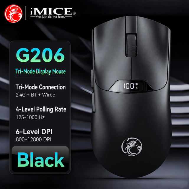 OEM Rechargeable Gaming Mouse 12800 DPI 1000Hz Tri Mode 2.4G BT Wired Smart Screen Lightweight Wireless Mouse