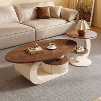 Table basse ovale de luxe moderne couleur noyer, table d'appoint style crème pour salon, idéale pour jeunes propriétaires et petits appartements, en bois de chêne