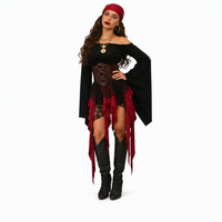 Damen-Piratenkostüm-Set mit schwarzem schulterfreiem Oberteil, Korsett-Taille, mehrlagigem roten Rock und Kopftuch für Halloween