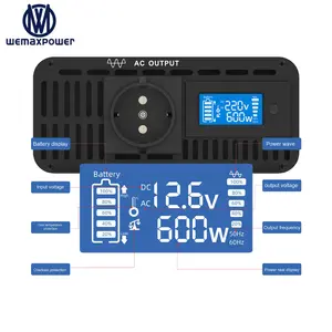 Pantalla LCD de protección múltiple, convertidor de onda sinusoidal pura, inversor de potencia, 12V/24V/48V a 120V, 60Hz, 600W, 600W, CC, CA