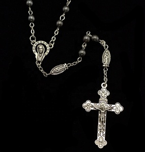 Antique necklace with pendant hematite, Catholic religious jewelry, beads with Cross - Product Image 2