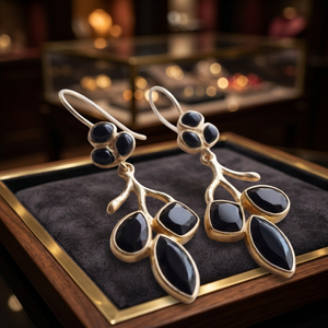 Pendientes Colgantes de Ónix Negro en Tono Dorado, Joyería Floral con Diseño de Flor para Mujer - Product Image 2