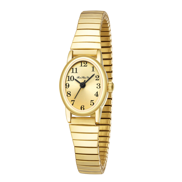 Petite Women's Easy Reader Gold Analog Quartz Watch Stainless Steel Expansion Band Water Resistant