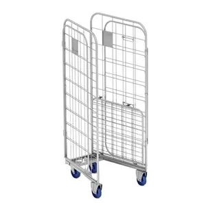 Jaula antivuelco plegable de malla de alambre galvanizada personalizada de 4 lados, carrito de contenedor de rollo logístico de almacén anidado