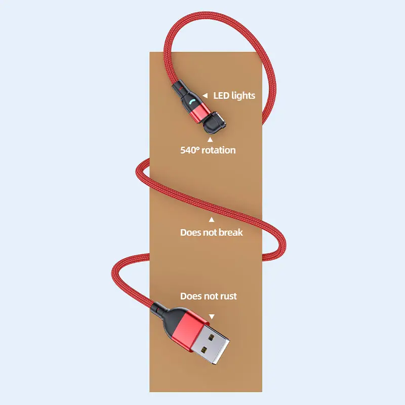 Cable magnético USB, cable trenzado de nailon 3 en 1 360 + 180 Cable de carga magnético con luz LED