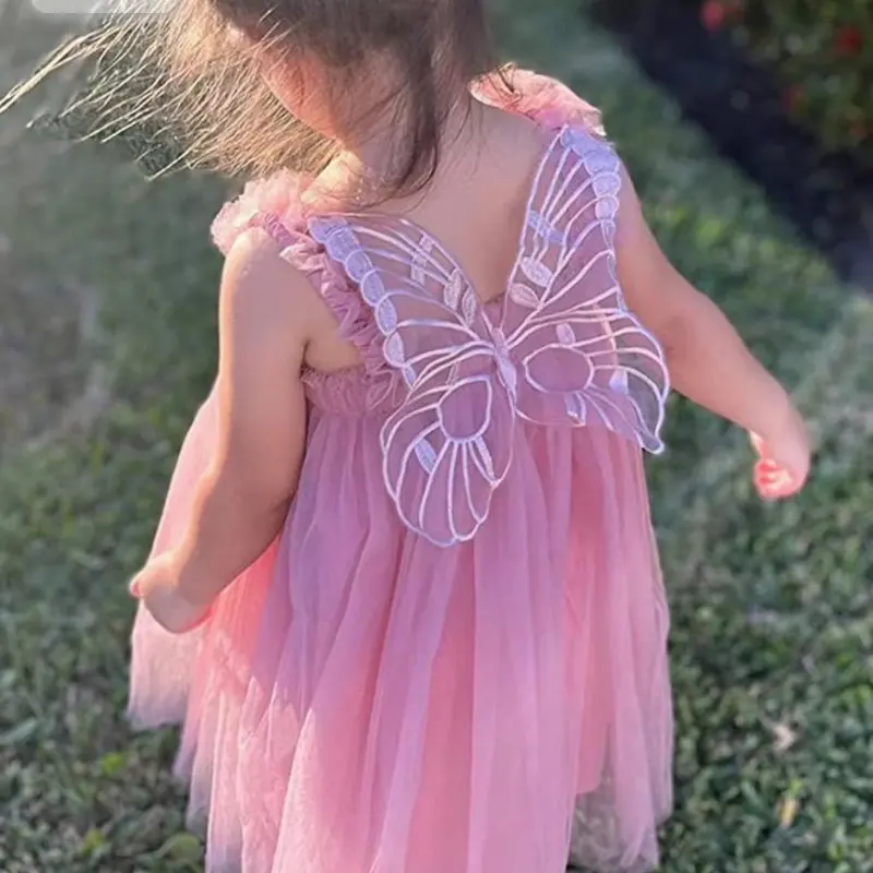 Cutest Kids Girl Tulle Dress Sleeveless 3D Butterfly Wings Pleated Solid Summer Lace Dress for Party Stage Show