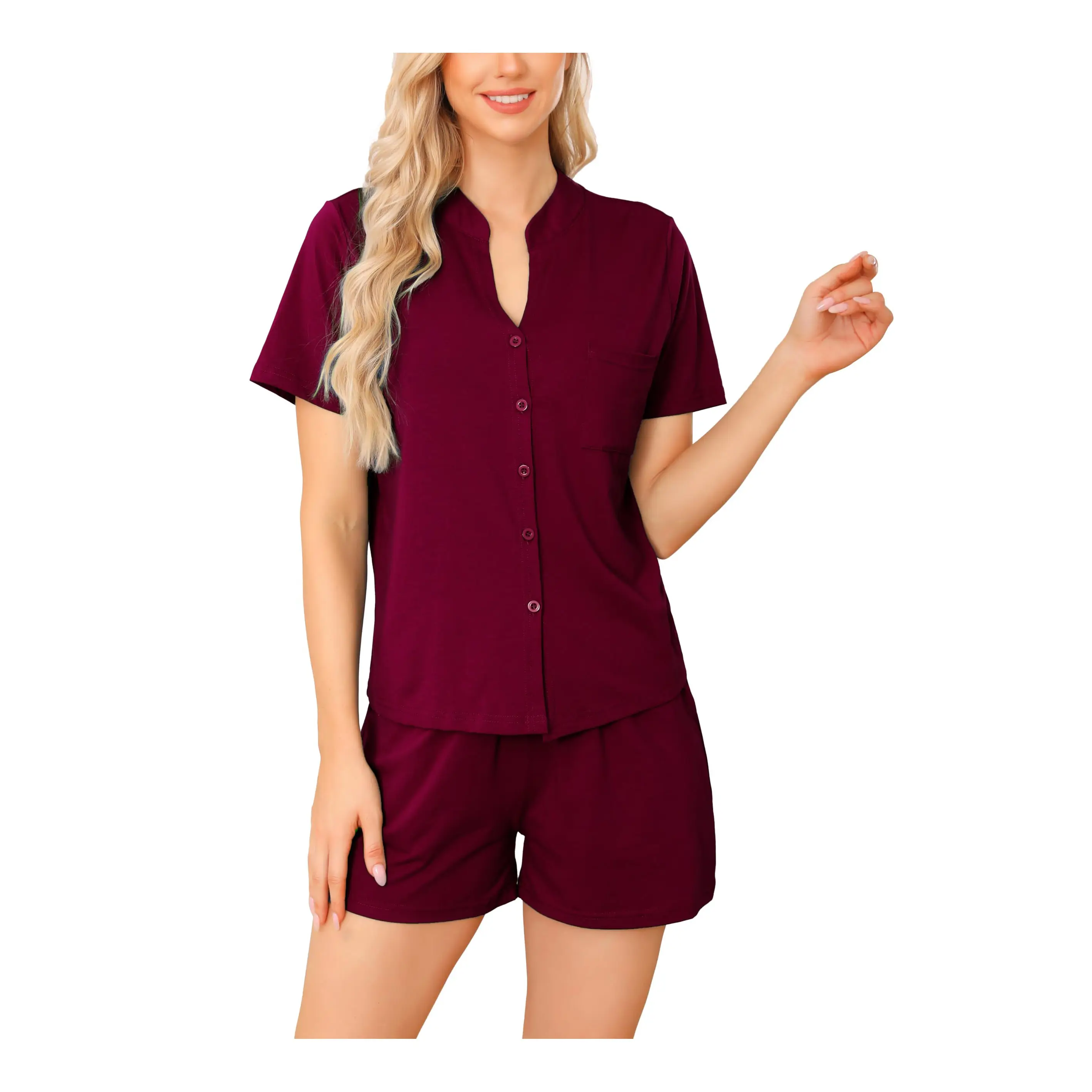 Ensemble de pyjamas en coton pour femmes ensembles de Pj's doux boutonné haut à manches courtes et short pour vêtements de détente d'été vêtements de nuit