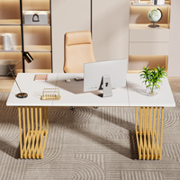 Grand bureau de direction modulaire extensible en bois moderne avec plateau en marbre blanc et or métallique