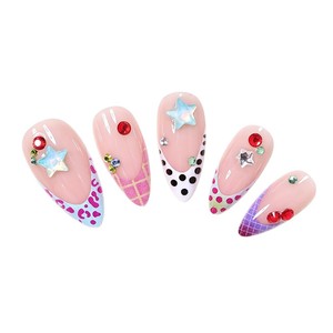 Faux ongles à presser réutilisables et détachables, motifs pois, rayures, étoiles colorées et strass, style français, pour soirée - Product Image 4