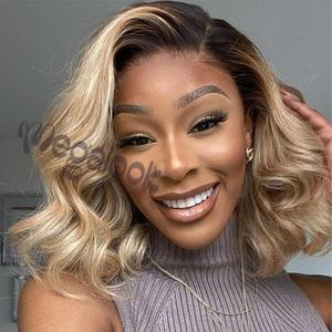 Ombre Rubio ceniza resaltar Bob <span class=keywords><strong>corto</strong></span> peluca ondulada 6x5 Rubio #2 marrón oscuro <span class=keywords><strong>cabello</strong></span> humano virgen sin pegamento frente de encaje peluca judía - Product Image 2