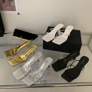 Nouvelles sandales gladiateur d'été pour femmes à talons aiguilles, bout carré ouvert, bride de cheville à boucle, bande étroite en maille - Product Image 2