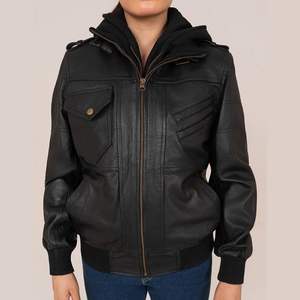 Chaqueta de Motociclista con Capucha Desmontable The Icon de Gilani para Mujer, Negra, de Cuero Genuino, Transpirable, con Cuello de Punto Acanalado - Product Image 1