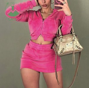 Nuova giacca corta e minigonna <span class=keywords><strong>in</strong></span> <span class=keywords><strong>velluto</strong></span> con 2 pezzi da <span class=keywords><strong>donna</strong></span> con cappuccio con tasca Zip e minigonna abbinati a due pezzi Casual - Product Image 1