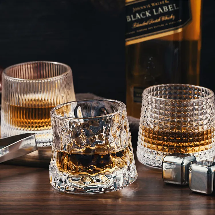 Juego de vasos de whisky giratorios inestables, cristal de barra, fondo esférico, piedras de vidrio