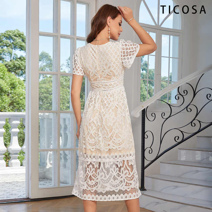 thumbnail image 2 of Women's V-Neck Eyelet Lace Maxi Dress - A-Line Swing Long Summer Dress 2 of 13