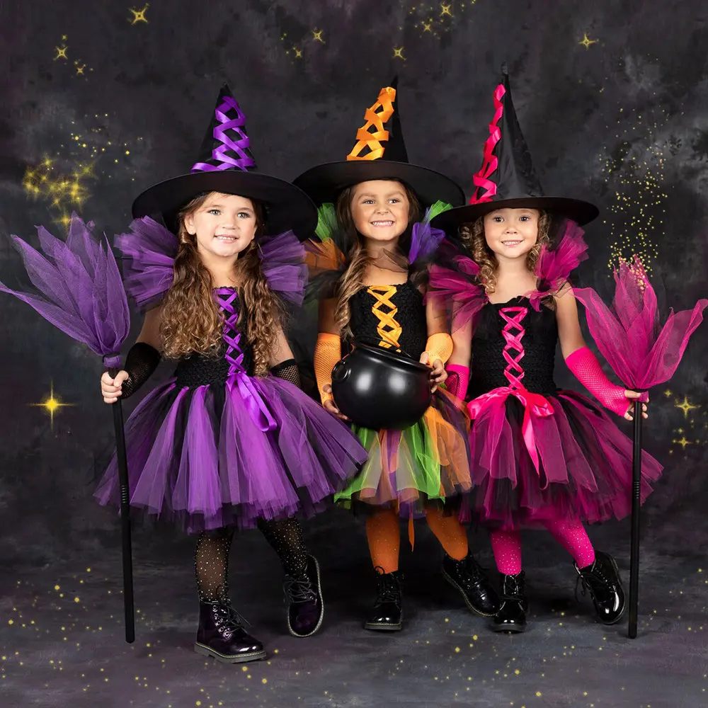 2022 Kids Disguise Witch Costume for Girls Halloween Tutu Knee Dress with Hat Broom Pantyhose Carnival Cosplay Party Outfit Set
