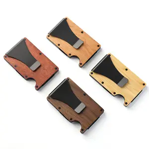 Portefeuille minimaliste pour femme ou homme avec pince à billets Portefeuille en bois RFID en fibre de carbone Porte-cartes de crédit avec capacité de 15 cartes