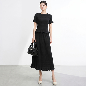 Korean Women's Short Sleeve Pleated Long <b>Dress</b> Set With <b>Ruffles</b> O-Neck Elegant Spring Summer Solid Color Breathable Regular Fit - Product Image 4