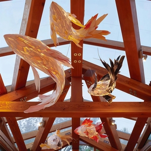 JYLIGHTING İç Mekan Ahşap Balık LED Avize Sarkıt Lamba Ayarlanabilir Yükseklik Özelleştirilmiş Wabi Sabi Projesi Büyük Otel Lobisi - Product Image 2