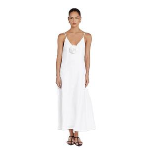 Robe midi vintage élégante en lin pour femme, coupe droite, style A, respirante, taille naturelle, bretelles fines, ODM - Product Image 1