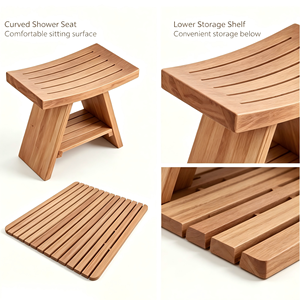 2 Pieces Solid Teak Shower Set <strong>Curved</strong> Shower Stool with Storage Shelf +Square Slatted <strong>Bath</strong> <strong>Mat</strong> - Product Image 5