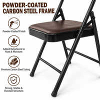 Chaise pliante rembourrée en PU marron, style classique Bridge Club, avec structure en acier au carbone noir thermolaqué, idéale pour salle à manger, réunions, café et usage domestique.