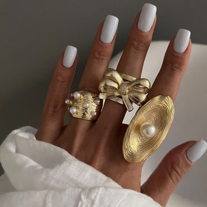 Pearl <b>Ring</b> Stainless Steel 18K Gold Plated Bowknot Geometric Oval Women's Jewelry Everyday Wear - Product Image 1