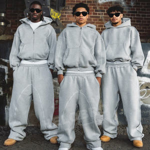 Özel Boxy Fit çift katmanlı gri Stacked yığılmış Baggy boy fransız Terry pamuk eşofman <span class=keywords><strong>Sweatpants</strong></span> ve Hoodie erkekler için Set - Product Image 1