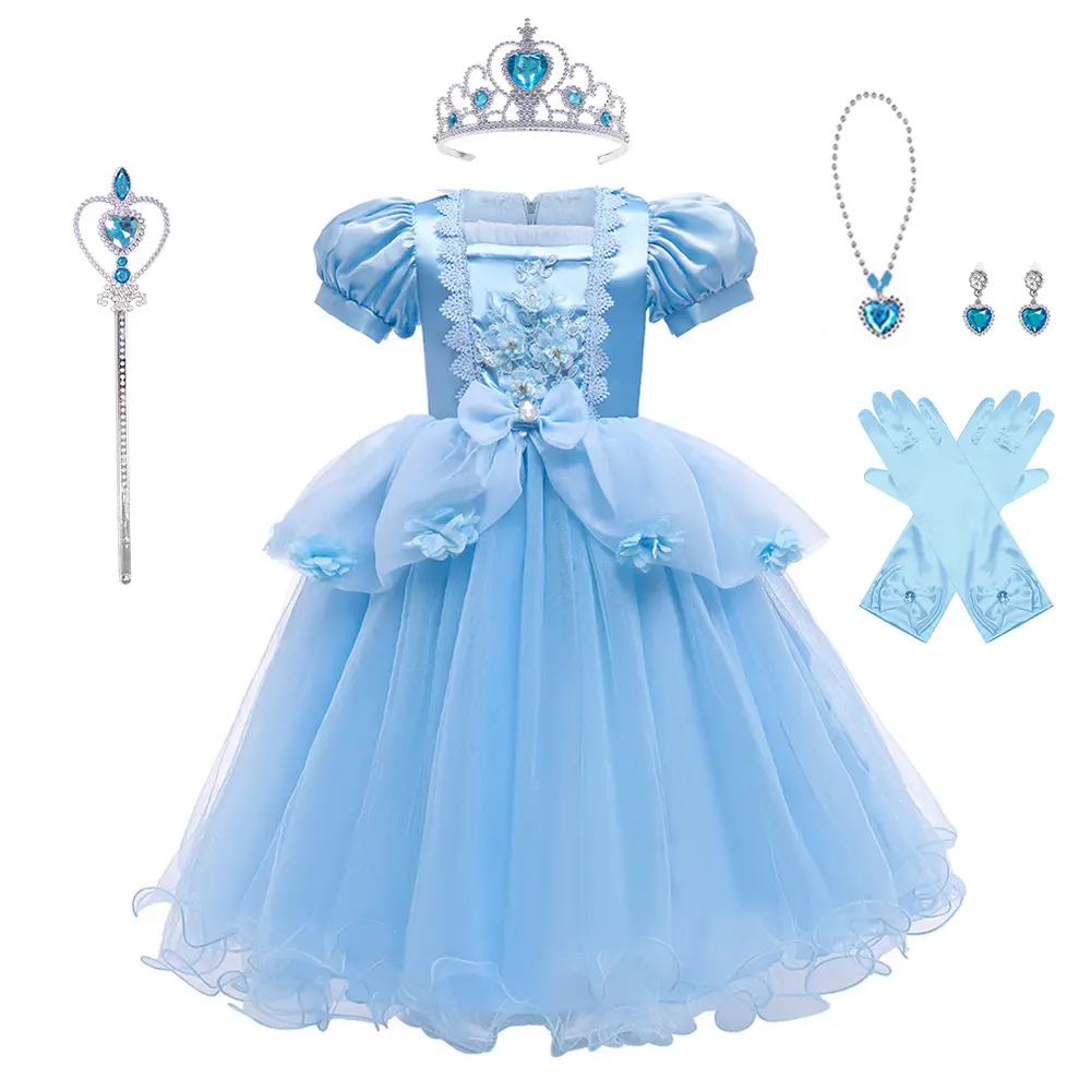 ガールブルーショートスリープイブニングドレス2〜10歳キッズウェアパーティーハロウィンセットCOSおとぎ話プリンセスドレス誕生日
