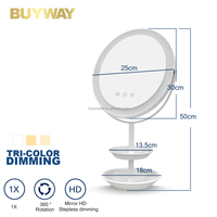 Miroir de maquillage rond blanc avec anneau lumineux intégré et support en U inclinable, miroir de vanité LED de table avec socle à double plateau