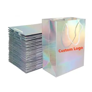 Bolsa de papel de lujo con asa para cosméticos, regalo holográfico con impresión de logotipo personalizado