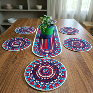 <b>Round</b> Bohemian Woven Placemats Set with Center Runner Geometric Pattern <b>Cloth</b> <b>Table</b> Mats for Home Decor Machine Washable - Product Image 4