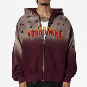 Sweat à capuche délavé à l'acide de qualité supérieure pour hommes avec impression bouffante | Design déchiré, Sweat à capuche thermique zippé en polaire lourde de haute qualité - Product Image 1