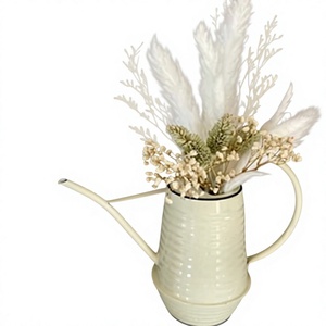 Arrosoir en métal crème avec fleurs séchées, vase décoratif d'intérieur, accent de jardin, récipient pour plantes, arrosoir en métal écologique - Product Image 1