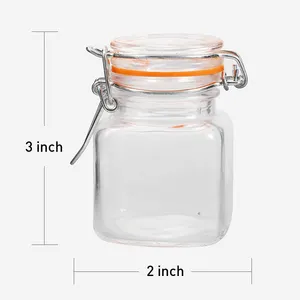 Offre Spéciale 50ml 100ml hermétique clair carré pot à épices en verre Mini bonbons miel confiture pot de stockage avec couvercle à clip de verrouillage