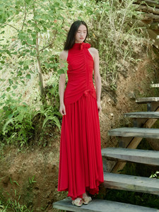 Robe longue élégante de cérémonie de dîner de célébrité, style vintage d'automne, antistatique, rouge, avec nœud, plissée, design de manches, taille haute - Product Image 5