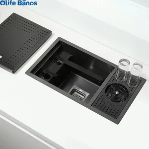 Hot Sale 304 Sus Ss Black Sink Concealed Hidden Lift Taps Kitchen Sink With Cup Washer Drain Off