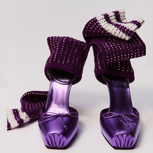 Diamonds Knitting Upper Summer High Heels Shoes Front Bow Square Toe Knee High <b>Boots</b> Pleated Stretchy Cut Out Socks Sandals - Product Image 3