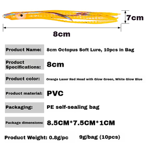 Señuelos blandos de <span class=keywords><strong>pulpo</strong></span> de 8 cm, faldas de calamar de PVC, señuelos de arrastre, 10 unidades/bolsa, faldas luminosas artificiales para pesca en agua salada - Product Image 3