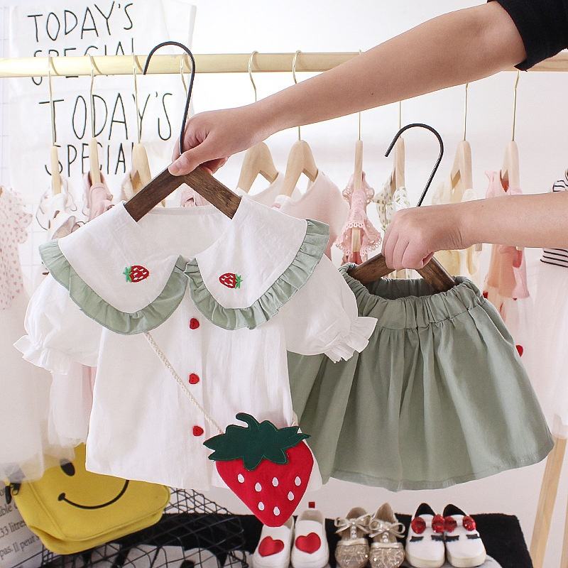 Conjuntos de volantes para niñas, ropa para niños, blusa y Falda bordada  con fresas, con bolsa, ropa coreana para niñas pequeñas