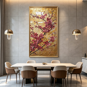Quadro da Parete All'ingrosso con Fiori di Prugna, Pittura a Impasto Spesso, Sfondo Dorato, Decorazione per Ingresso, Pittura in Porcellana Cristallo con LED - Product Image 6