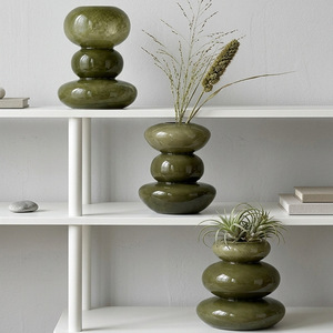 <span class=keywords><strong>Vaso</strong></span> in Vetro Verde Oliva Lucido a Tre Strati, Forma di Ciottolo, 3 Misure, Contenitore <span class=keywords><strong>per</strong></span> Fiori in Vetro <span class=keywords><strong>per</strong></span> Arredamento Minimalista Wabi Sabi - Product Image 1