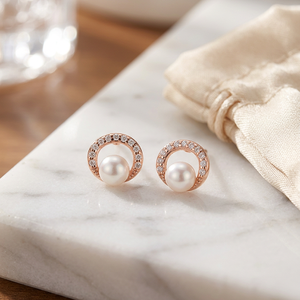 Freshwater Pearl <b>Studs</b> <b>Silver</b> Plated Copper Half Circle Jewelry CZ Pavé Curved Earring for Women Minimalist Gifts - Product Image 5
