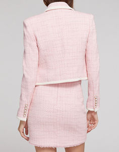 OEM Custom Women's <b>Linen</b>/Cotton Full Sleeve Tweed Blazer Pencil Skirt Two Piece <b>Set</b> with Gold Buttons - Product Image 3