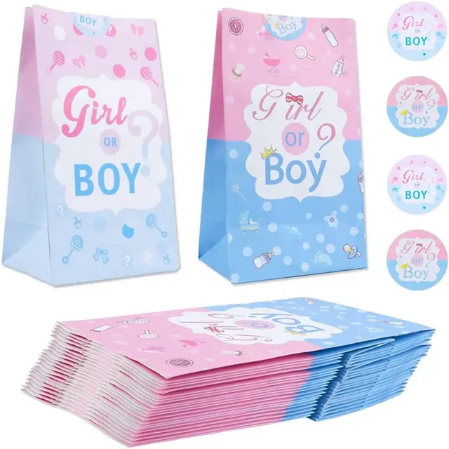 12 adet cinsiyet ortaya kağıt torbalar lüks şeker çanta ile 18 adet çıkartmalar için bebek duş parti malzemeleri dekorasyon iyilik
