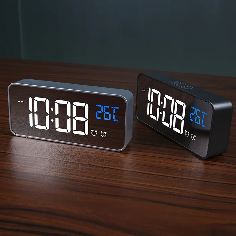 Jam Alarm Digital LED cermin kontrol, Jam Alarm hitam Mode malam temperatur