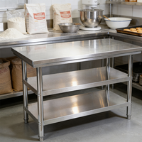 Mesa de Trabajo de Dos Niveles con Patas de Tubo, Acabado Mate Cepillado de Acero Inoxidable para Cocina Comercial, Capacidad de Carga de 300 kg/m